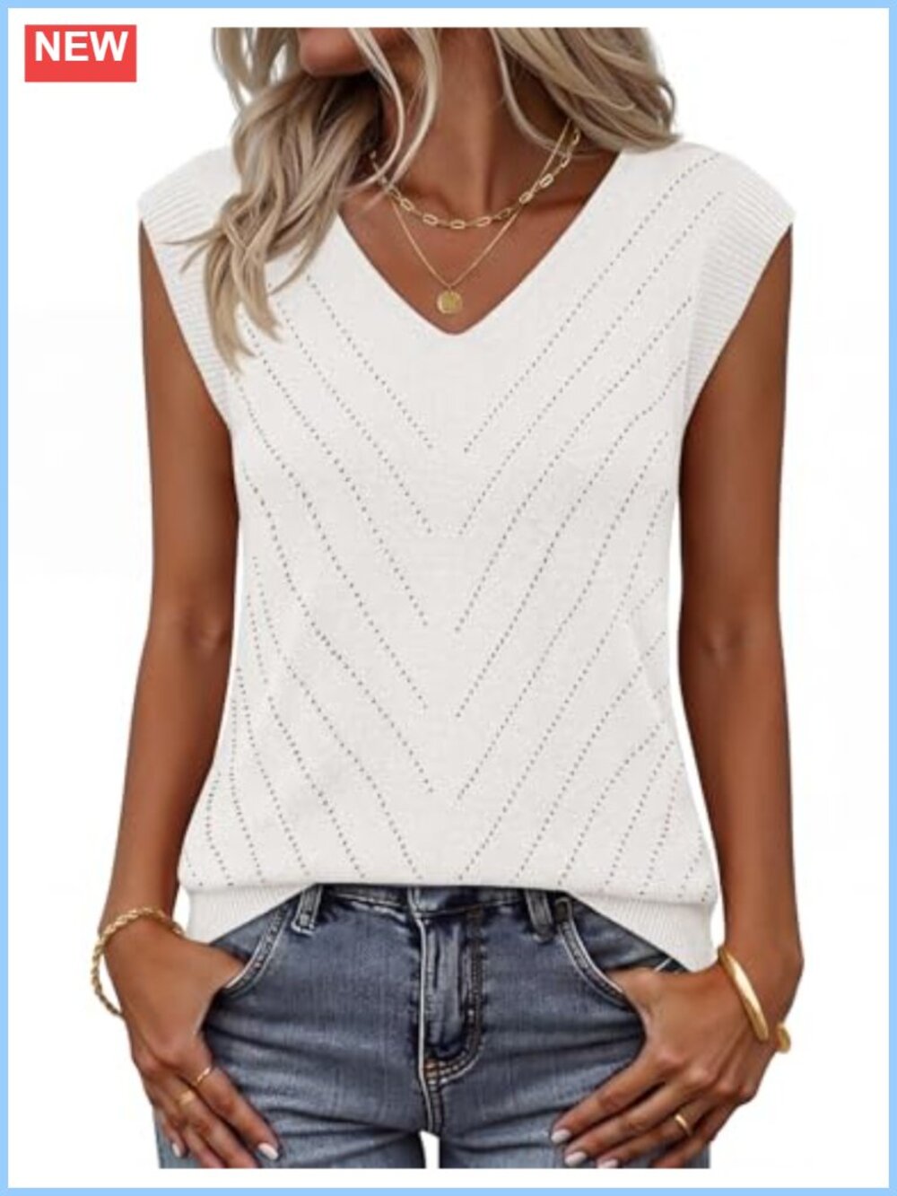 Womens Sleeveless Knit Sweater Vest V Neck Eyelet Tank Top Lightweight